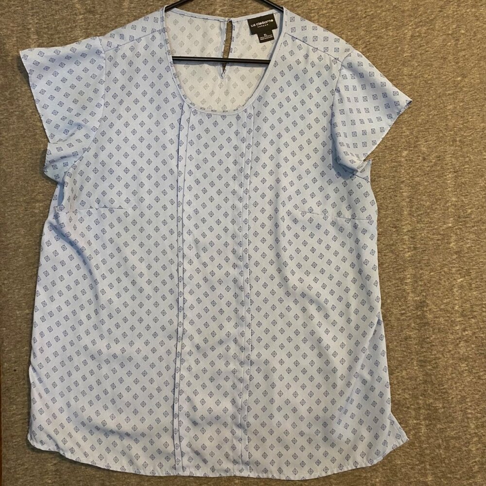 Liz Claiborne‎ Career Light Blue Blouse Top Womens Xl Geometric Short Sleeve